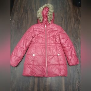 Michael Kors Kids Red Puffer Jacket with Faux Fur Hood